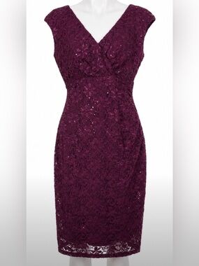 Selected Apparel Size 12 Burgundy Lace Sequin V Neck Sheath Cocktail Dress Chic